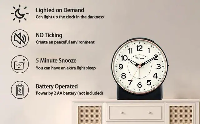 Alt view image 4 of 7 - 4" Battery Operated Retro Analog Alarm Clock,Vintage Decor for Bedroom, Nightstand, Bedside, Desk,Table,Easy Setup, Silent Non Ticking, Lighted on Demand and SnoozeBlack