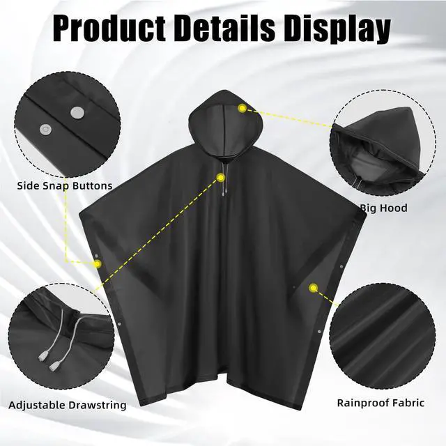 Alt view image 3 of 7 - Waterproof Rain Poncho, Reusable Hooded Raincoat, Black