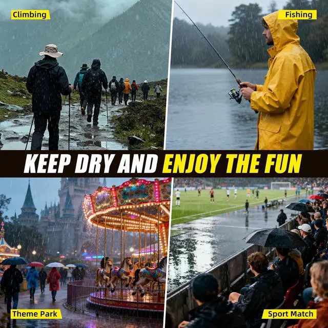 Alt view image 7 of 7 - Waterproof Rain Poncho, Reusable Hooded Raincoat, Black