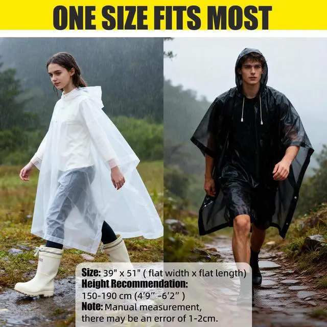 Alt view image 5 of 7 - Waterproof Rain Poncho, Reusable Hooded Raincoat, Black