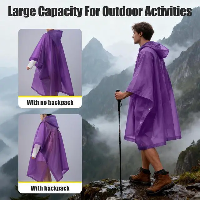 Alt view image 6 of 7 - Waterproof Rain Poncho, Reusable Hooded Raincoat, Black