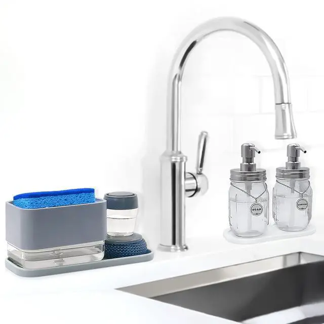 Alt view image 7 of 7 - Silicone Organizer Tray, Soap and Sponge Holder for Kitchen Sink, Bathroom - Storage Tray for Dish Brush, Soap Dispenser, Dishwashing Accessories- 2 Pack (White)
