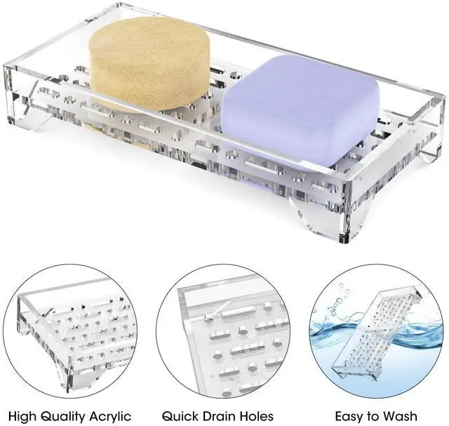 Alt view image 4 of 7 - Self Draining Soap Dish, Acrylic Bar Holder, Bathroom Kitchen, Clear