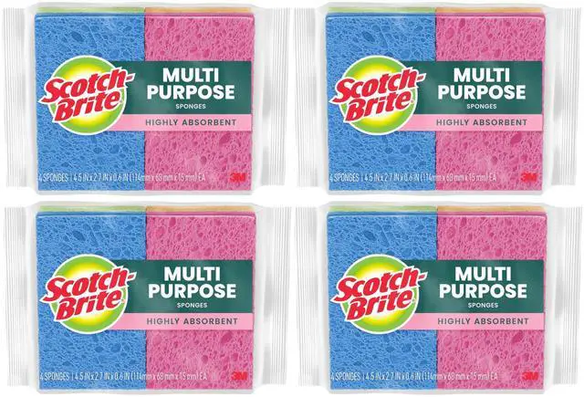 Main image of Multi-Purpose Kitchen Sponges, 16 Total (4 Packs of 4), Highly Absorbent Non-Scratch Dish Sponges, Plant-Based Fibers, Dishwasher-Safe, Americas #1 Sponge Brand