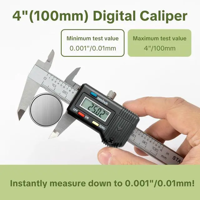 Alt view image 3 of 7 - Digital Caliper 0-4" Measuring Tool with Metal Ruler, Micrometer Caliper with Auto-Off Feature, Interchangeable Between inches and millimeters for DIY/Household and 3D Printing, Black
