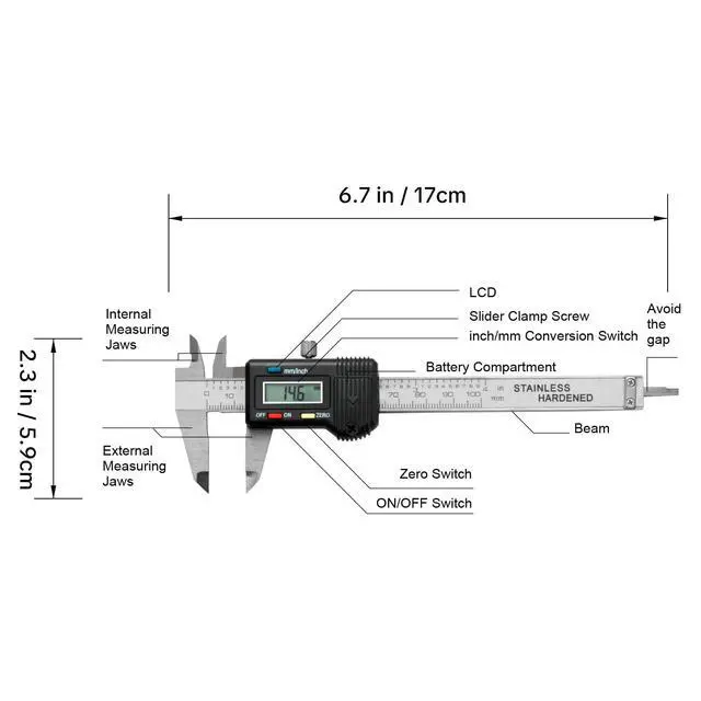Alt view image 7 of 7 - Digital Caliper 0-4" Measuring Tool with Metal Ruler, Micrometer Caliper with Auto-Off Feature, Interchangeable Between inches and millimeters for DIY/Household and 3D Printing, Black