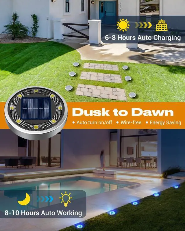 Alt view image 2 of 7 - 4 Pack Solar Lights Outdoor, 8 LED Solar Ground Lights IP65 Waterproof Flat Solar Disc Light, Pathway Lights for Garden Lawn Patio Yard Path Landscape, Blue
