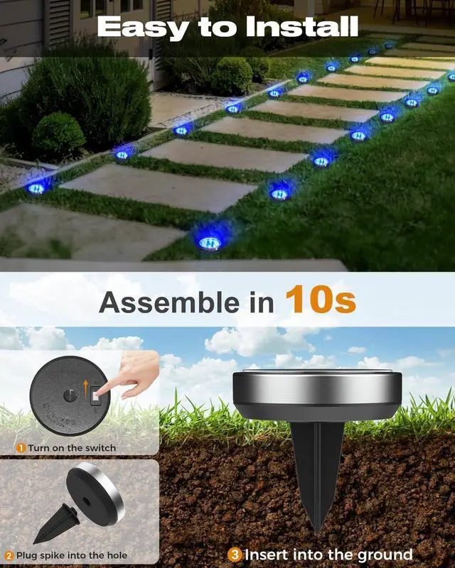 Alt view image 4 of 7 - 4 Pack Solar Lights Outdoor, 8 LED Solar Ground Lights IP65 Waterproof Flat Solar Disc Light, Pathway Lights for Garden Lawn Patio Yard Path Landscape, Blue