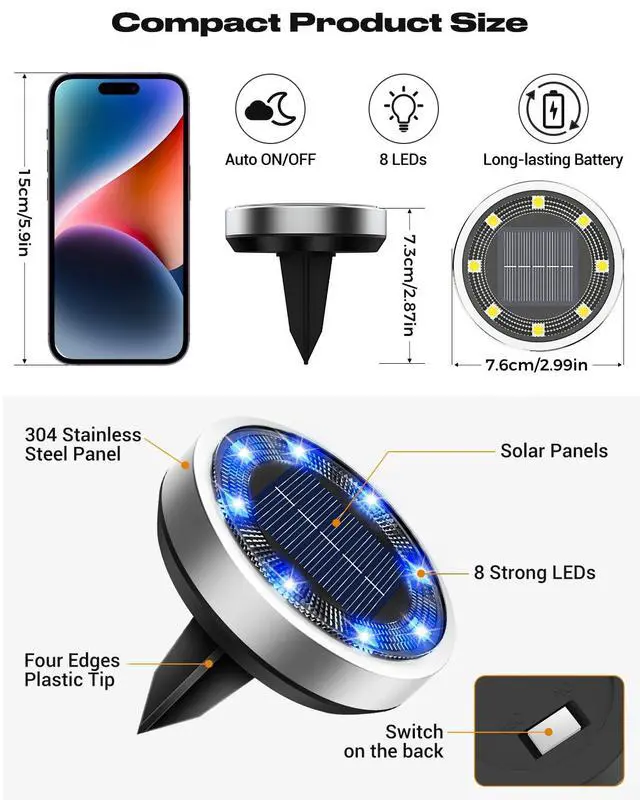 Alt view image 6 of 7 - 4 Pack Solar Lights Outdoor, 8 LED Solar Ground Lights IP65 Waterproof Flat Solar Disc Light, Pathway Lights for Garden Lawn Patio Yard Path Landscape, Blue