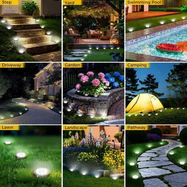 Alt view image 5 of 7 - 4 Pack Solar Ground Lights Outdoor, 8 LED Mini Flat Solar Disc Lights, IP65 Waterproof Pathway Lights Solar Powered, Landscape Lighting for Garden Walkway Driveway Yard Lawn,Cool White