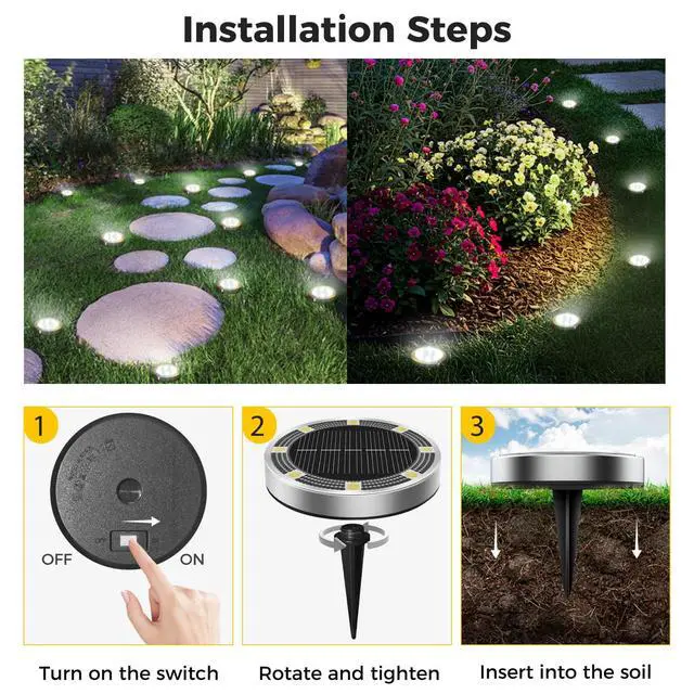 Alt view image 7 of 7 - 4 Pack Solar Ground Lights Outdoor, 8 LED Mini Flat Solar Disc Lights, IP65 Waterproof Pathway Lights Solar Powered, Landscape Lighting for Garden Walkway Driveway Yard Lawn,Cool White