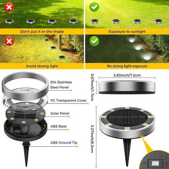 Alt view image 6 of 7 - 4 Pack Solar Ground Lights Outdoor, 8 LED Mini Flat Solar Disc Lights, IP65 Waterproof Pathway Lights Solar Powered, Landscape Lighting for Garden Walkway Driveway Yard Lawn,Cool White