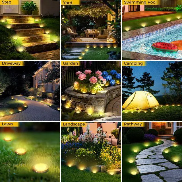 Alt view image 5 of 7 - 6 Pack Solar Ground Lights Outdoor, 8 LED Mini Flat Solar Disc Lights, IP65 Waterproof Pathway Lights Solar Powered, Landscape Lighting for Garden Walkway Driveway Yard Lawn,Warm White