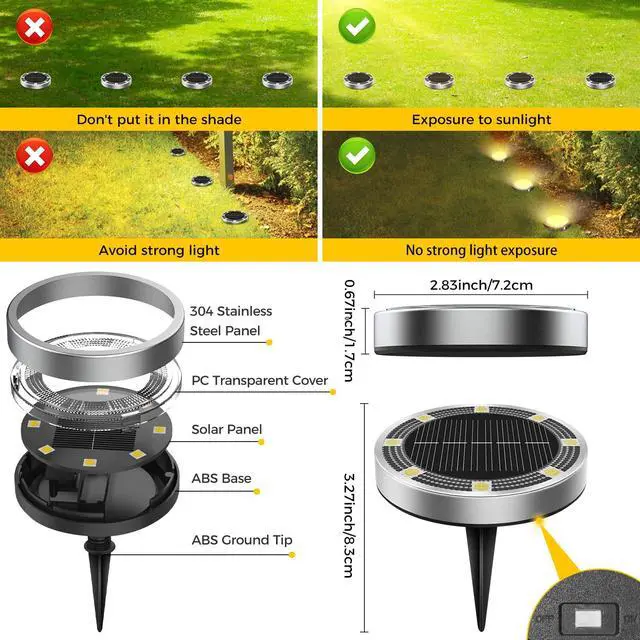 Alt view image 6 of 7 - 6 Pack Solar Ground Lights Outdoor, 8 LED Mini Flat Solar Disc Lights, IP65 Waterproof Pathway Lights Solar Powered, Landscape Lighting for Garden Walkway Driveway Yard Lawn,Warm White