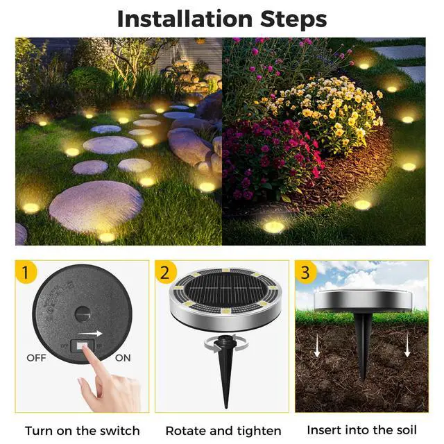 Alt view image 7 of 7 - 6 Pack Solar Ground Lights Outdoor, 8 LED Mini Flat Solar Disc Lights, IP65 Waterproof Pathway Lights Solar Powered, Landscape Lighting for Garden Walkway Driveway Yard Lawn,Warm White
