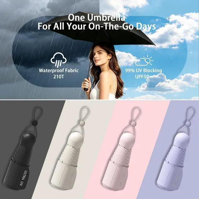 Alt view image 3 of 6 - Small Compact Mini Travel Umbrella with Case - Collapsible Pocket Size for Purse, UPF 50+ UV Sun Protection & Rain, Lightweight Portable Packable Tiny Micro Umbrella for Women Kids Men (Black)
