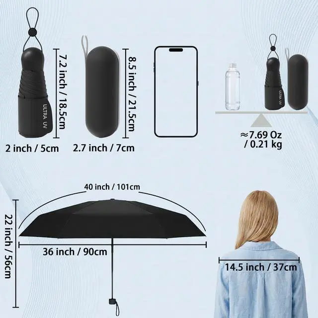 Alt view image 5 of 6 - Small Compact Mini Travel Umbrella with Case - Collapsible Pocket Size for Purse, UPF 50+ UV Sun Protection & Rain, Lightweight Portable Packable Tiny Micro Umbrella for Women Kids Men (Black)