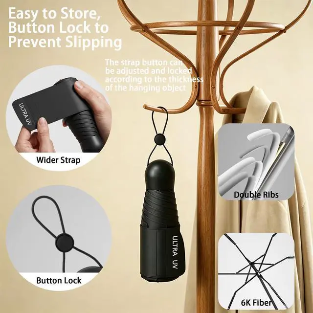 Alt view image 6 of 6 - Small Compact Mini Travel Umbrella with Case - Collapsible Pocket Size for Purse, UPF 50+ UV Sun Protection & Rain, Lightweight Portable Packable Tiny Micro Umbrella for Women Kids Men (Black)