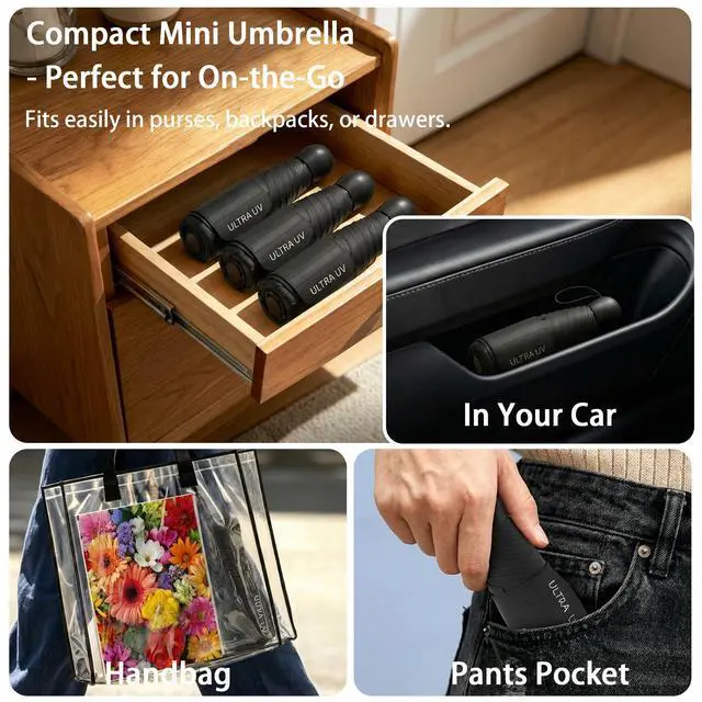 Alt view image 4 of 6 - Small Compact Mini Travel Umbrella with Case - Collapsible Pocket Size for Purse, UPF 50+ UV Sun Protection & Rain, Lightweight Portable Packable Tiny Micro Umbrella for Women Kids Men (Black)