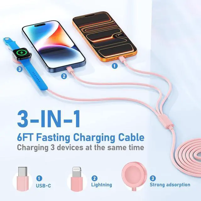 Alt view image 2 of 6 - Apple Watch Charger Fast Charging,3 in 1 Multi Charger USB C Cable,iWatch Charger Cord 6FT for iWatch Ultra3/2/1/SE 3/2 Series 11/10/9/8/7/6/5/4,for iPhone17 15 16 Pro Max/14/13/12/11-Pink