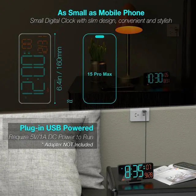 Alt view image 2 of 6 - Alarm Clocks for Bedrooms, 6.7" Black Small Digital Clock LED, Desk Alarm Clock with Auto Dimming,Seconds, Day of Week, Indoor Temperature,Clocks for Living Room