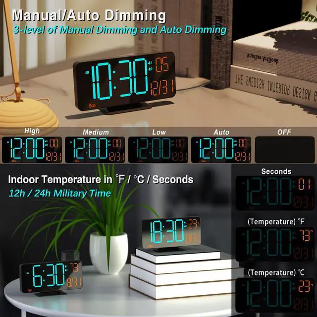 Alt view image 4 of 6 - Alarm Clocks for Bedrooms, 6.7" Black Small Digital Clock LED, Desk Alarm Clock with Auto Dimming,Seconds, Day of Week, Indoor Temperature,Clocks for Living Room