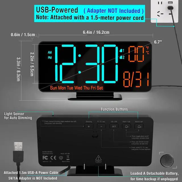 Alt view image 5 of 6 - Alarm Clocks for Bedrooms, 6.7" Black Small Digital Clock LED, Desk Alarm Clock with Auto Dimming,Seconds, Day of Week, Indoor Temperature,Clocks for Living Room