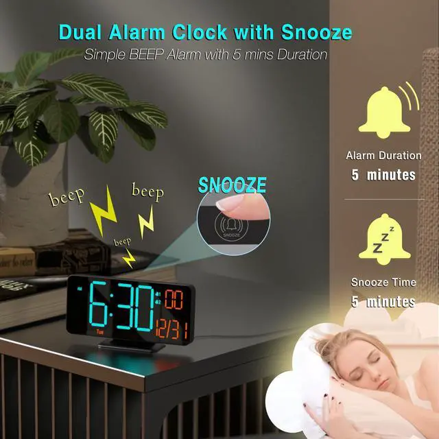 Alt view image 6 of 6 - Alarm Clocks for Bedrooms, 6.7" Black Small Digital Clock LED, Desk Alarm Clock with Auto Dimming,Seconds, Day of Week, Indoor Temperature,Clocks for Living Room