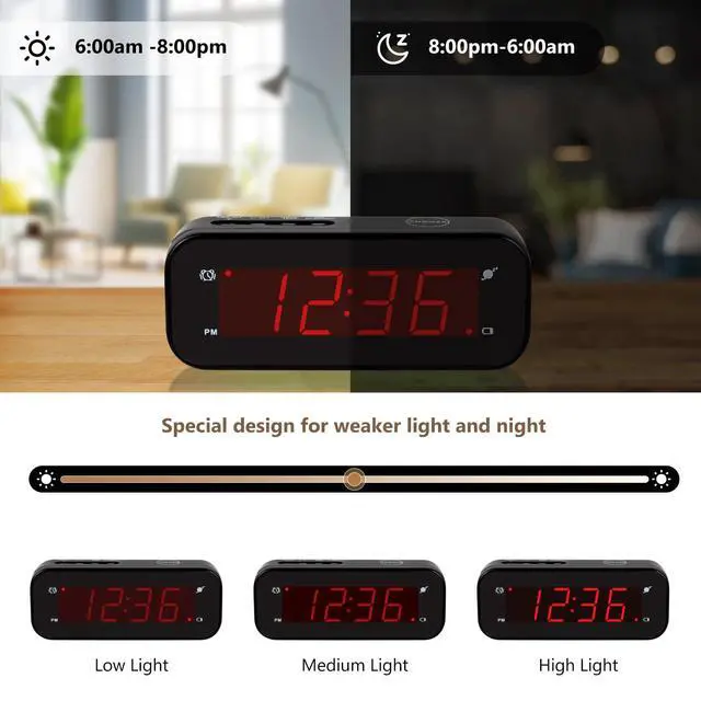 Alt view image 5 of 7 - Small Digital Clock Battery Operated, LED Travel Alarm Clock Battery Powered with Snooze, Cordless, Brightness Adjustable, 12/24Hr, Easy to Use