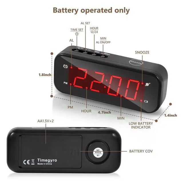 Alt view image 2 of 7 - Small Digital Clock Battery Operated, LED Travel Alarm Clock Battery Powered with Snooze, Cordless, Brightness Adjustable, 12/24Hr, Easy to Use