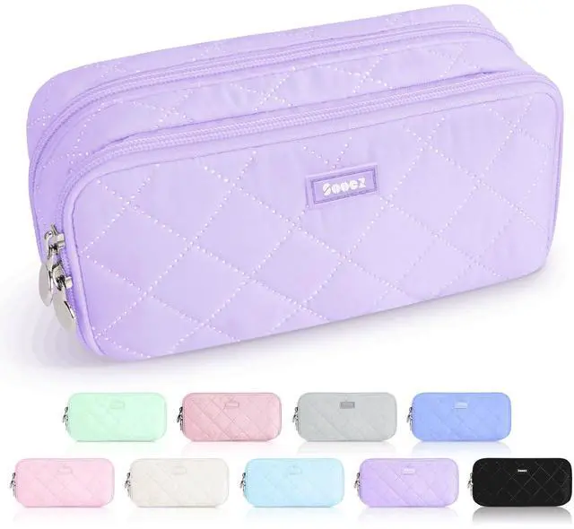 Main image of Large Pencil Case Pouch, Extra Big Pencil Bag with 8 Compartments, Pen Bag Wide Opening, Soft Quilted Pencil Pouch Organizer with Zipper, Portable Pencil Case for Teen Girls, Purple