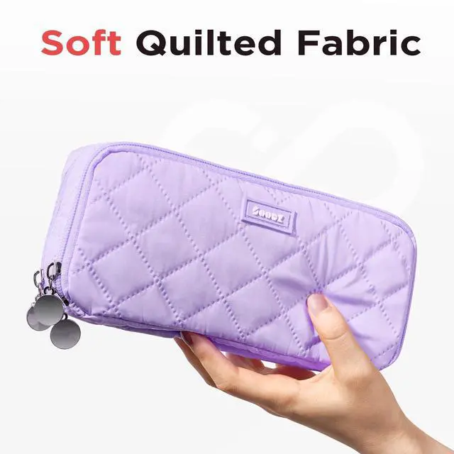Alt view image 2 of 7 - Large Pencil Case Pouch, Extra Big Pencil Bag with 8 Compartments, Pen Bag Wide Opening, Soft Quilted Pencil Pouch Organizer with Zipper, Portable Pencil Case for Teen Girls, Purple