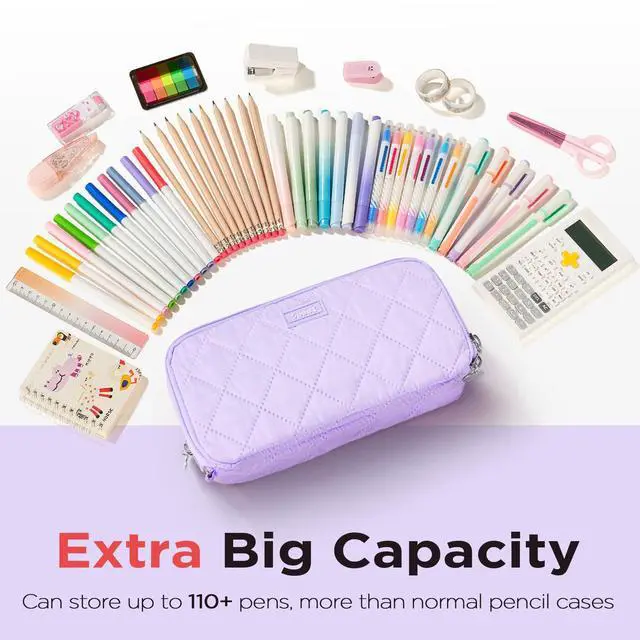 Alt view image 3 of 7 - Large Pencil Case Pouch, Extra Big Pencil Bag with 8 Compartments, Pen Bag Wide Opening, Soft Quilted Pencil Pouch Organizer with Zipper, Portable Pencil Case for Teen Girls, Purple