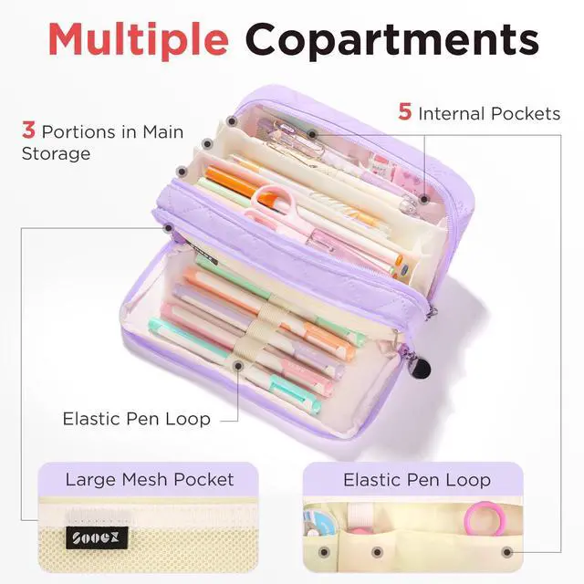 Alt view image 4 of 7 - Large Pencil Case Pouch, Extra Big Pencil Bag with 8 Compartments, Pen Bag Wide Opening, Soft Quilted Pencil Pouch Organizer with Zipper, Portable Pencil Case for Teen Girls, Purple
