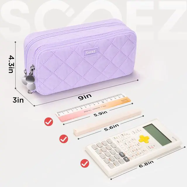 Alt view image 5 of 7 - Large Pencil Case Pouch, Extra Big Pencil Bag with 8 Compartments, Pen Bag Wide Opening, Soft Quilted Pencil Pouch Organizer with Zipper, Portable Pencil Case for Teen Girls, Purple