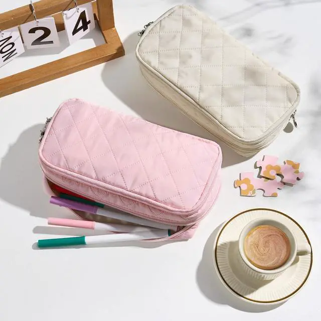 Alt view image 6 of 7 - Large Pencil Case Pouch, Extra Big Pencil Bag with 8 Compartments, Pen Bag Wide Opening, Soft Quilted Pencil Pouch Organizer with Zipper, Portable Pencil Case for Teen Girls, Purple