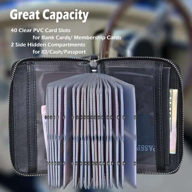 Alt view image 3 of 7 - Card Holder Wallet Genuine Leather Passport Holder 42 Card Slots (Black)