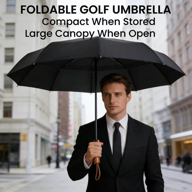 Alt view image 4 of 7 - 49/54/62 Inch Windproof Golf Umbrella - Automatic Open/Close, Real Wood Handle - Large Folding Travel Umbrella for Wind, Rain & Sun Protection.(Black/49)