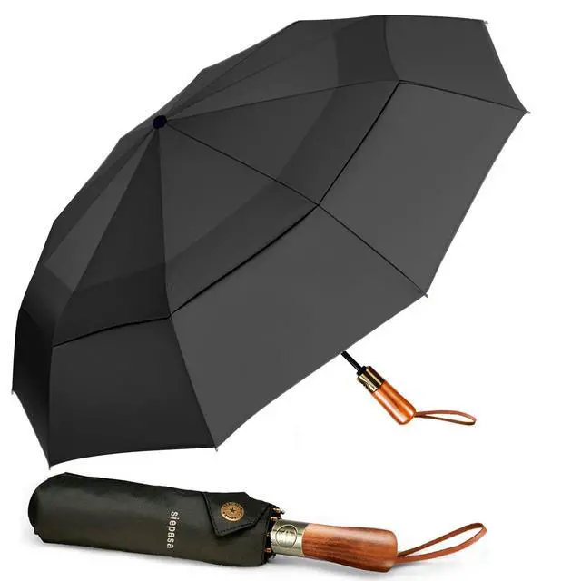 Alt view image 5 of 7 - 49/54/62 Inch Windproof Golf Umbrella - Automatic Open/Close, Real Wood Handle - Large Folding Travel Umbrella for Wind, Rain & Sun Protection.(Black/49)