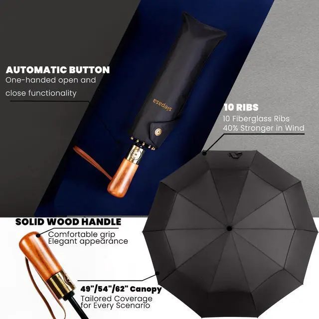 Alt view image 6 of 7 - 49/54/62 Inch Windproof Golf Umbrella - Automatic Open/Close, Real Wood Handle - Large Folding Travel Umbrella for Wind, Rain & Sun Protection.(Black/49)