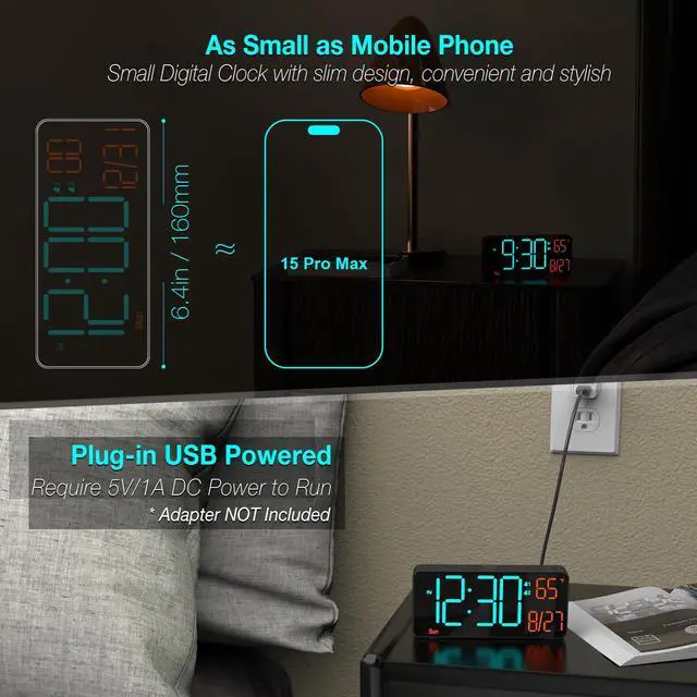 Alt view image 2 of 6 - Digital Clock for Bedroom 6.7in Alarm Clocks for Living Room, Auto Dimming,Date,Week,Seconds,Indoor Temperature, Small Digital Alarm Clock for Classroom,LED Alarm Clocks for Bedrooms