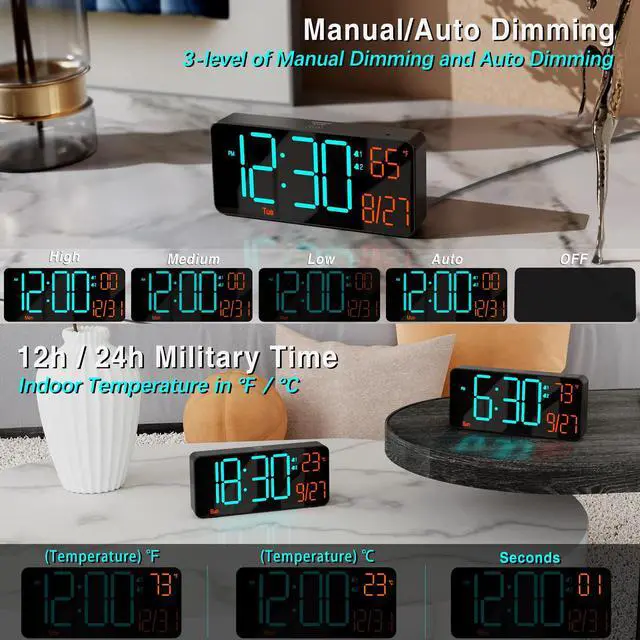 Alt view image 3 of 6 - Digital Clock for Bedroom 6.7in Alarm Clocks for Living Room, Auto Dimming,Date,Week,Seconds,Indoor Temperature, Small Digital Alarm Clock for Classroom,LED Alarm Clocks for Bedrooms