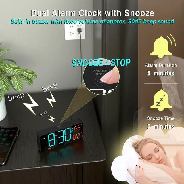 Alt view image 4 of 6 - Digital Clock for Bedroom 6.7in Alarm Clocks for Living Room, Auto Dimming,Date,Week,Seconds,Indoor Temperature, Small Digital Alarm Clock for Classroom,LED Alarm Clocks for Bedrooms