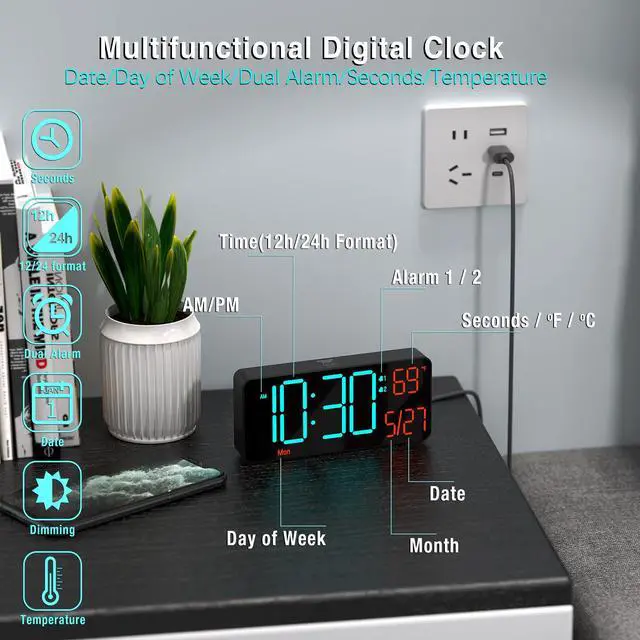 Alt view image 5 of 6 - Digital Clock for Bedroom 6.7in Alarm Clocks for Living Room, Auto Dimming,Date,Week,Seconds,Indoor Temperature, Small Digital Alarm Clock for Classroom,LED Alarm Clocks for Bedrooms