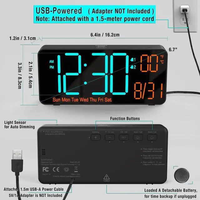 Alt view image 6 of 6 - Digital Clock for Bedroom 6.7in Alarm Clocks for Living Room, Auto Dimming,Date,Week,Seconds,Indoor Temperature, Small Digital Alarm Clock for Classroom,LED Alarm Clocks for Bedrooms