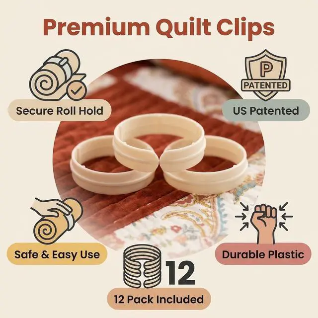 Alt view image 6 of 7 - Quilt Clips for Quilting, 12 Pack 3 Inch Heavy Duty Plastic Quilt Roll Clips, Quilting Clips Hold Quilt Rolled, Easy to Use, Wont Scratch Machine, White, for Queen Size Quilt Projects