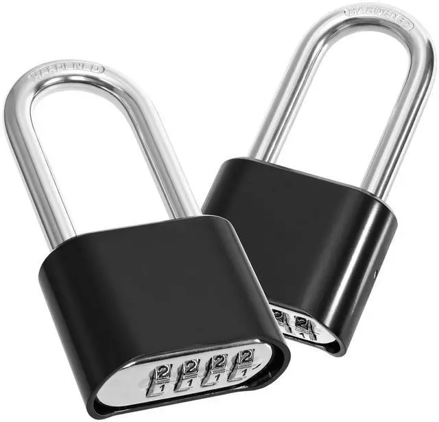 Main image of 2 Pack 4 Digit Heavy Duty Combination Lock, Long Waterproof Shackle Padlock, Resettable Zinc Alloy Lock for Outdoor, Gate, Fence, School Gym Locker, 2" Wide, Black