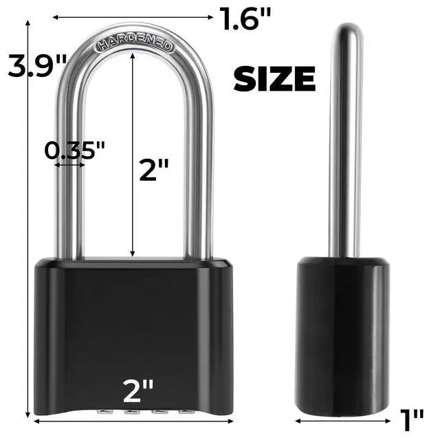Alt view image 2 of 7 - 2 Pack 4 Digit Heavy Duty Combination Lock, Long Waterproof Shackle Padlock, Resettable Zinc Alloy Lock for Outdoor, Gate, Fence, School Gym Locker, 2" Wide, Black