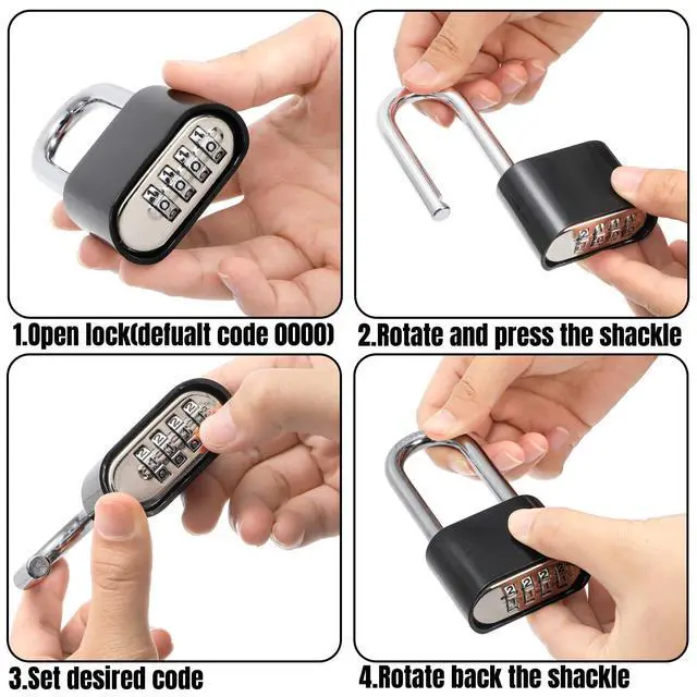 Alt view image 4 of 7 - 2 Pack 4 Digit Heavy Duty Combination Lock, Long Waterproof Shackle Padlock, Resettable Zinc Alloy Lock for Outdoor, Gate, Fence, School Gym Locker, 2" Wide, Black