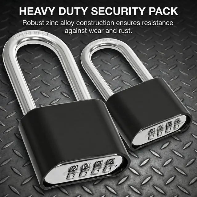 Alt view image 5 of 7 - 2 Pack 4 Digit Heavy Duty Combination Lock, Long Waterproof Shackle Padlock, Resettable Zinc Alloy Lock for Outdoor, Gate, Fence, School Gym Locker, 2" Wide, Black
